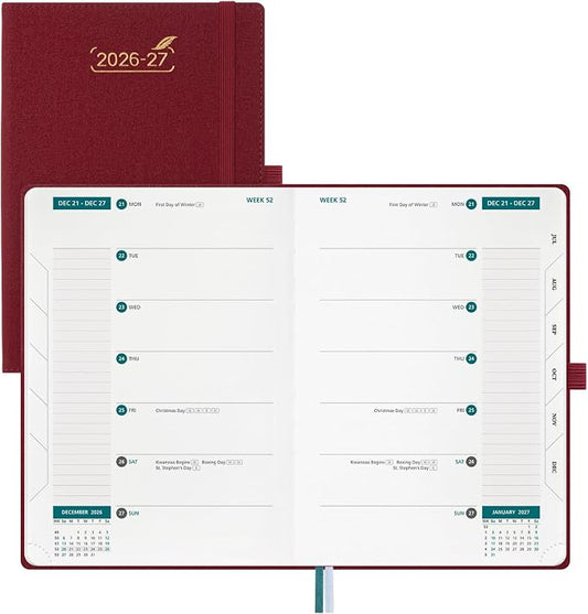 BEZEND Weekly Planner 2026-2027 (6" x 8.5") 2-Column Dual Schedule for Work/School/Home or 2 Person (Jul 26-Dec 27) 18 Months Academic Calendar with Tabs, PU Leather Hardcover -Burgundy
