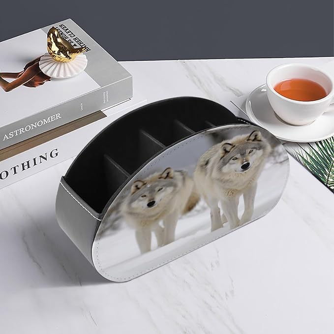 Remote Control Holder,Two Wolves Walking in The Snow Printed PU Leather Remote Caddy Desktop Organizer with 5 Compartments for Media Accessories & Office Supplies Storage