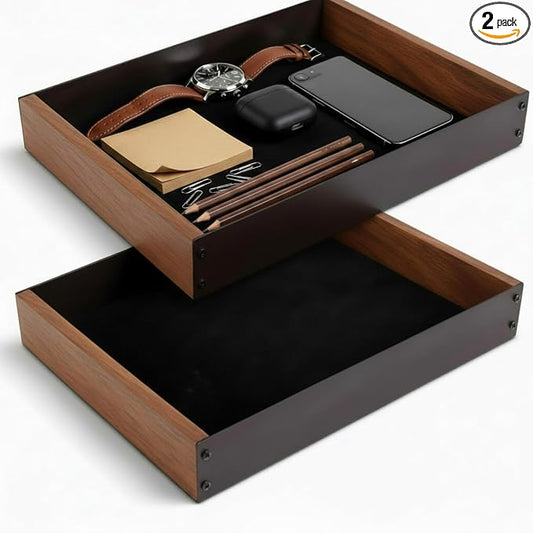 Geelin 2 Pack Desk Drawer Organizer, Valet Tray for Men, Nightstand Tray Acacia Wooden and Metal Entryway Bedside Dump Holder Accessories for Wallets, Keys, Watches, Phones, Loose Change, Trinkets