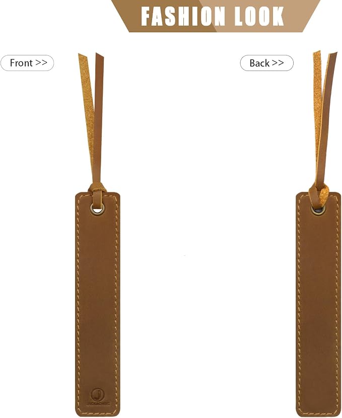 Jack&Chris Genuine Leather Bookmark, Thin Handmade Stitched Bookmarks for Women Men, Classic Style Book Accessories Gifts for Book Lovers Students Writers Readers Teens Adults, Light Brown