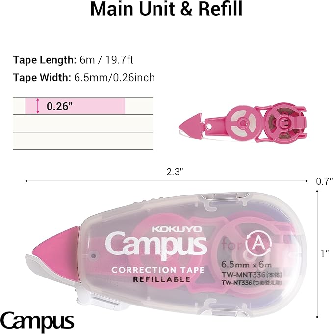 KOKUYO Refillable Correction Tape and Refill, 19.7 ft (6 m) Small White Out 6.5 mm Wide Easy To Use Applicator for Instant Corrections, Metal Tip with Clean Cut, Compact Size. Japan Import (TW-MNT336)