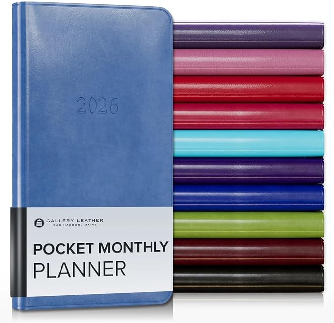 Gallery Leather Pocket Monthly Planner 2025-2026, Elegantly Bound Calendar Planner and Notebook with Stylish Gold-Gilded Page Edges, 18 Months - Acadia Hydrangea - 6x3.25"