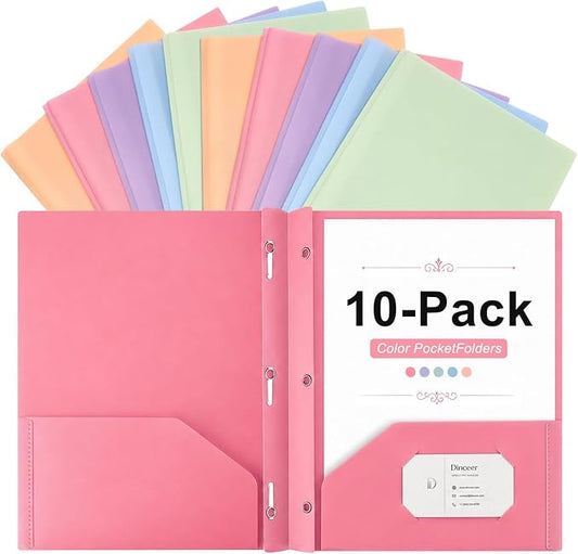 Plastic Pocket Folders with Prongs, Heavy Duty 2 Pocket Poly Folder Set, Bright Assorted Colors, Letter Size 8.5 x 11, Metal Fasteners, Business Card Slot (10, Morandi)