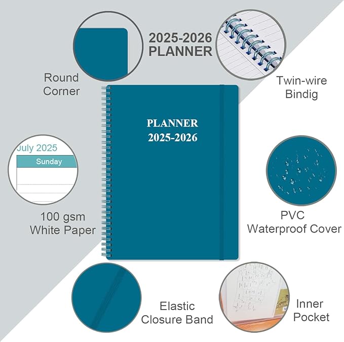 2025-2026 Planner - 8.5" x 11" Weekly Monthly Planner from July 2025 to June 2026 with 12 Monthly Tabs, Inner Pocket, Elastic Closure, Teal