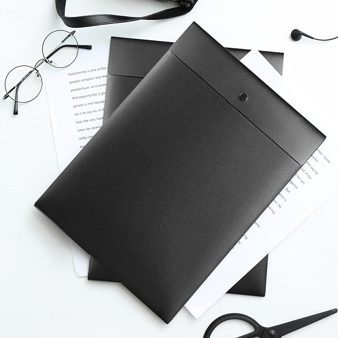 VANRA Vertical File Folders Poly Filing Envelope Plastic Project Folder with Snap Button Closure for A4 Letter Size Paper (Pack of 5, Black)