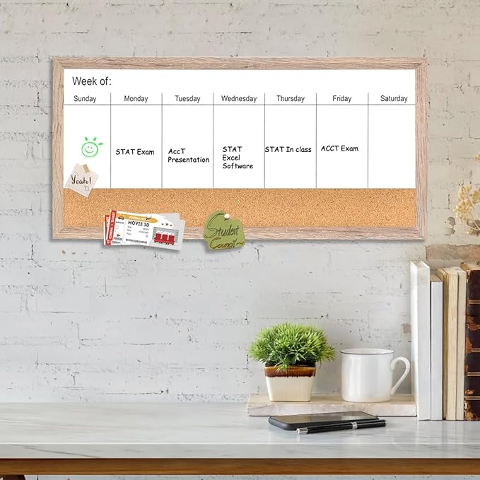 Magnetic Weekly Dry Erase White Board and Cork Board,Rustic Brown Wood Frame，Magnetic Surface Whiteboard for Home Office and Wall Decor(ZHZL-3060QZ)