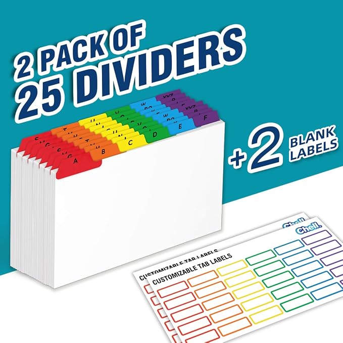 Chell 5x8 Index Card Dividers, Heavyweight A-Z Tabbed Guides, 110 lb. Cover Weight, with Blank Stickers, 2 Sets