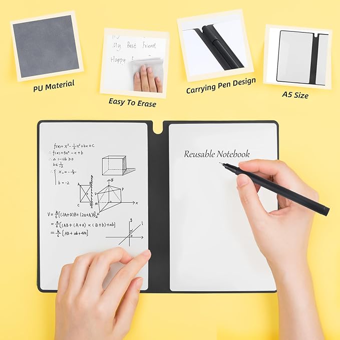 Reusable A5 Dry Erase Notebook Include a Wipeable Pen and Rag,9.4x6.5 Inch Erasable Notebook Whiteboard Notebook,Wipeable Notebook PU Hardcover for Office and Taking Notes(Grey)