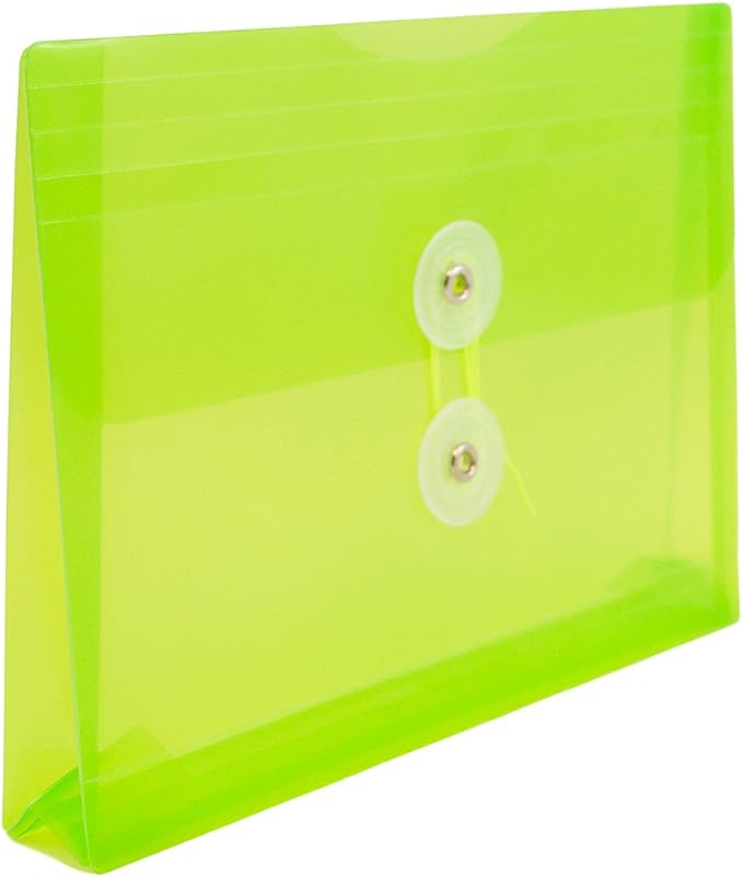 JAM PAPER Plastic Envelopes with Button & String Tie Closure - Index Size - 5 1/2 x 7 1/2 - Lime Green - 12/Pack