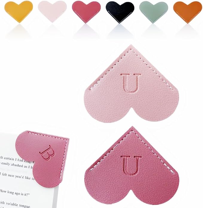 Personalized Leather Heart Bookmark, 26 Letters Customized Corner Book Mark for Reading Women, Book Marker with Initials，Cute Gifts (Light Pink+Deep Pink, U)