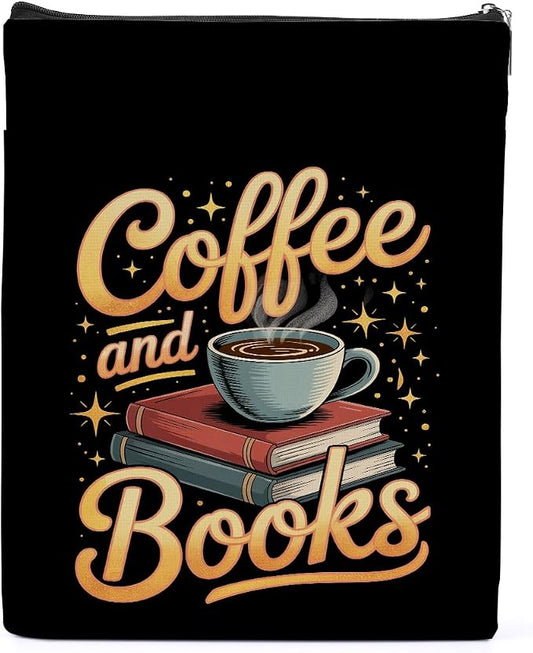 Drink Coffee Read Books Book Sleeve, Book Lovers Gifts Sleeve with Zipper & Front Pocket, 11.4x8.8 Inch Canvas Books Cover Protector Bookish Gifts for Readers Librarian Women Teacher