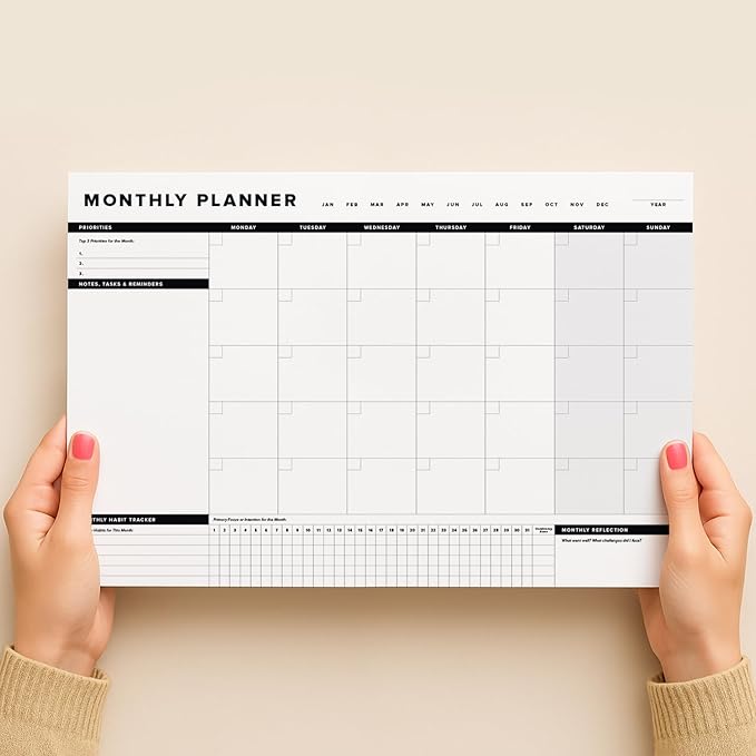 ThreeKin Onyx Monthly Planner - Premium 18-Sheet Tear-Off Notepad, 12 x 18 inches, Clean Design, Perfect for Work, School, Projects, and Entrepreneurs, Female & USA Owned Business