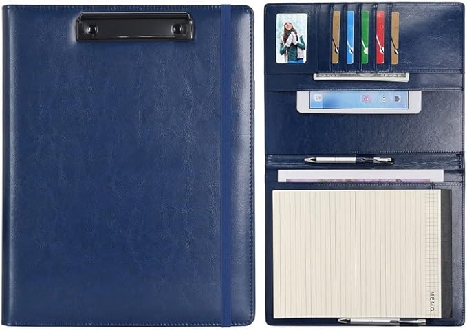 Wonderpool A4 PU Leather Clipboard Partfolio Notepad Forms Holders Document Case - Interview Planner Meeting Writing Padfolio File for Office Travel School Hotel Hospital (A4,Blue)