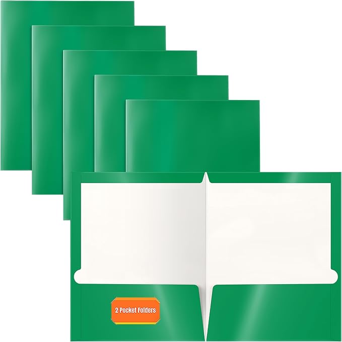 Better Office Products 2 Pocket Glossy Laminated Green Paper Folders, Letter Size, 25 Pack, Green Paper Portfolios, Box of 25