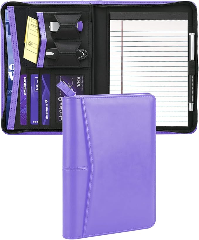Junior Padfolio/Resume Portfolio Binder with Refillable Lined Notepad, A5 Padfolio Folder, Business Portfolio, Multi-Function Case, A5 Writing Pad Included, Purple
