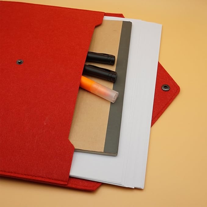 Felt File Folder, Durable Briefcase, Document Bag, Paper File Folders, Portfolio Case, Letter Envelope, Handbag Button Closure, for Office Home School Stationery (Red)