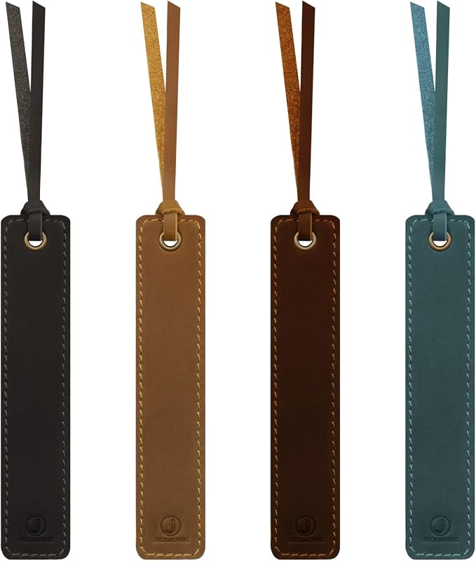 Jack&Chris Genuine Leather Bookmark, 4PCS Handmade Stitched Thin Bookmarks for Women Men, Classic Style Book Accessories Gifts for Book Lovers Students Writers Readers Teens Adults, Upadte