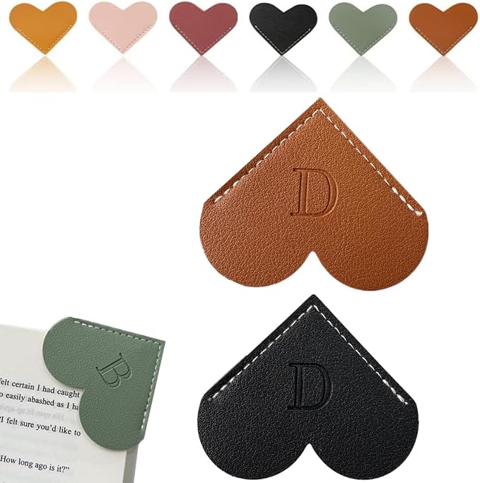 Personalized Leather Heart Bookmark, 26 Letters Customized Corner Book Mark for Reading Women, Book Marker with Initials，Cute Gifts (Black+Dark Brown, D)