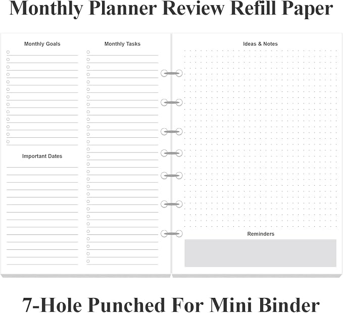 Monthly Planner Refills for Mini Binders - 53 Sheets/106 Pages Undated Colorful Monthly Planner, 7-Hole Punched, 100 gsm White Paper, Lasts 2 Year, Undated, 5.8" x 8.3"