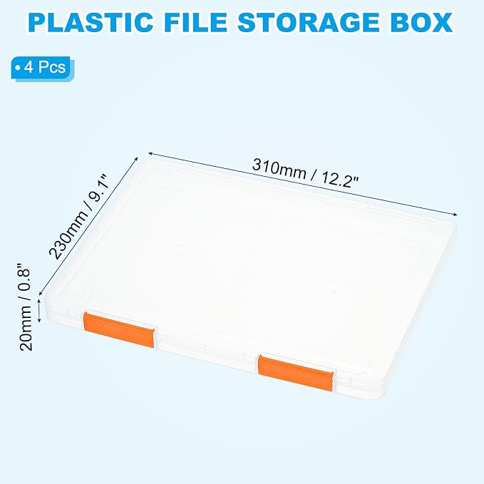 PATIKIL Clear A4 File Portable Project Case with Buckle Plastic Storage Box for 8.5" x 11" Letter Paper Scrapbook Paper Storage Case, 4Pcs, 12.2"x9.1"x0.8", Orange