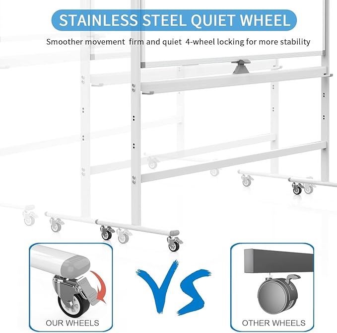 Rolling Whiteboard 60"x46" Magnetic Dry Erase Board with Stand, Double Sided Mobile Whiteboard on Wheels, Non-Foldable Large Portable White Board for Office, Classroom & Home