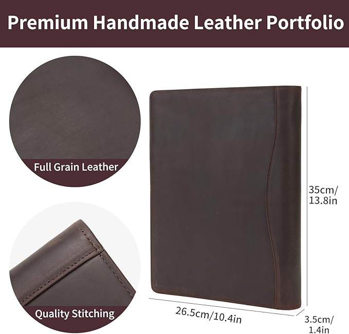Personalized Genuine Leather 3 Ring Binder, Custom Engraved 8.5 x 11 Letter Size Folio with Pen Holder, Soft Notebook Portfolio Cover, Notepad Padfolio Organizer for Meeting, Dark Brown