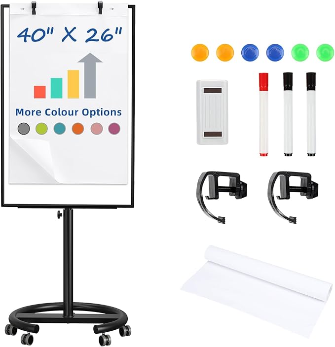 TANKEE Mobile Whiteboard Dry Erase - 40 x 26 Inches Portable Magnetic White Board Easel Flip Chart Stand with 25 Sheets Paper Pad
