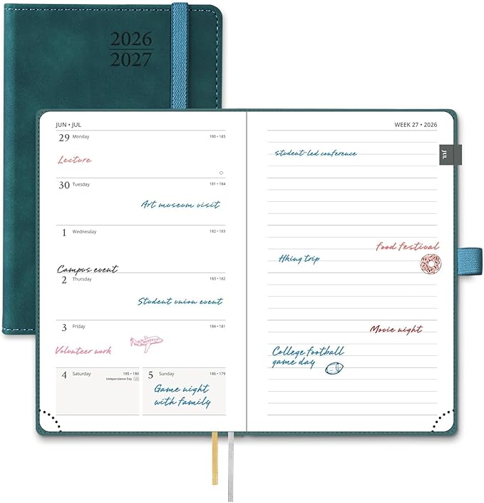 POPRUN 2026-2027 Pocket Planner (Size 4''x 6.25'') Weekly and Monthly Academic Calendar (JUL.26 - JUN.27) with Note Page and Monthly Tabs, Inner Pocket, Leather Soft Cover, 100 GSM - Petrol Green