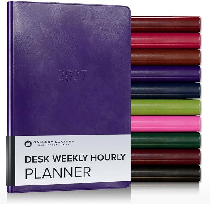 Gallery Leather Desk Hourly Weekly Monthly Planner 2027, Elegantly Bound Calendar Planner and Notebook with Stylish Gold-Gilded Page Edges, 12 Months - Acadia Plum - 8x5.5"