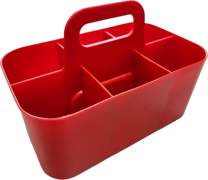 Small Stackable Plastic Caddy with Handle 6 Compartment | Desk, Makeup, Dorm Caddy, Classroom Art Organizers - 4 Pack, Made In USA (Black/Red/Blue/Green)