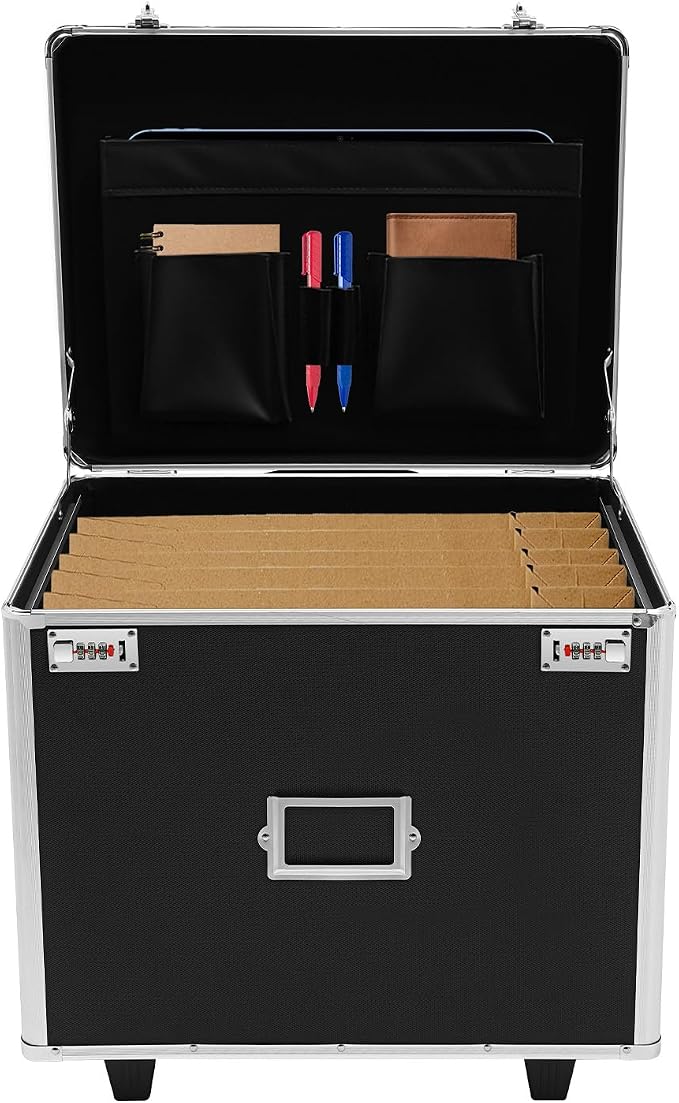 Portable File Storage Box, Rolling Locking Mobile Business Case with Handle, Aluminum Alloy File Lock Box Letter/Legal File Chest for Home Office Hospital Hotel School Bank 19.2" X 15" X 16"