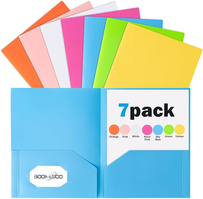 BOOMIBOO Colored Plastic Folders with Pockets (7 Pack, Assorted Bright Colors), Durable Heavy Duty File Folders with Business Card Slot, 2 Pocket Folders for Schoolwork & Office,Letter Size