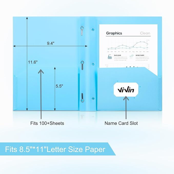 ViVin Sturdy Plastic Folder with Pockets,12 Pack,Heavy Duty Two Pocket 3 Prong Folders,Holds Letter Size Paper,File Folders with Business Card Slot for School Home and Office(Light Blue)
