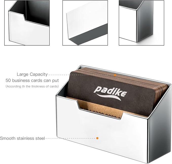 Padike Stainless Steel Business Card Holder - Brushed Metal Desk Organizer for Office & Home, Modern Business Card Stand Display (Holds 50 Cards) - Minimalist & Durable