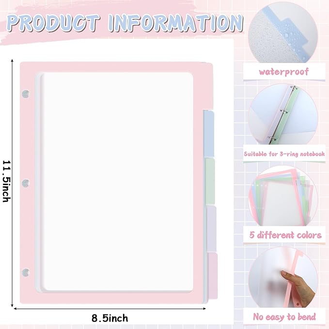 30PCS/6 Set 3 Ring Binder Dividers with 5 Tabs Color Page Dividers for 3 Ring Binder with Tabs 11.5×8.5inch Clear Folder Divider 3 Ring File Dividers Tabbed Index Dividers for School Office (Pastel)