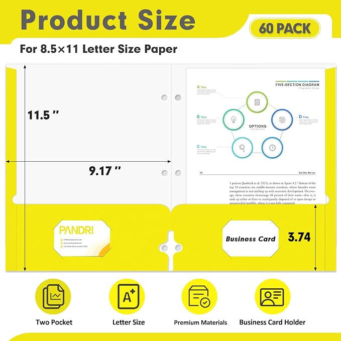 Two Pocket Portfolio Folders, PANDRI 60 Pack 3 Hole Punched 2 Pocket Folders for 3 Ring Binder, Letter Size Paper File Folder for School Office Home Business, Yellow