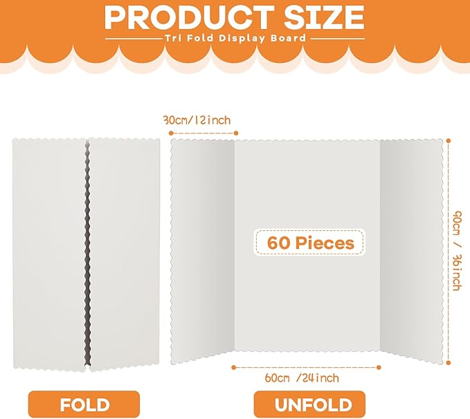 Ctosree 60 Pcs Tri Fold Poster Board Bulk, Science Fair Project Display Paperboard, Single Wall,Lightweight Presentation Board (36 * 48inch,White)