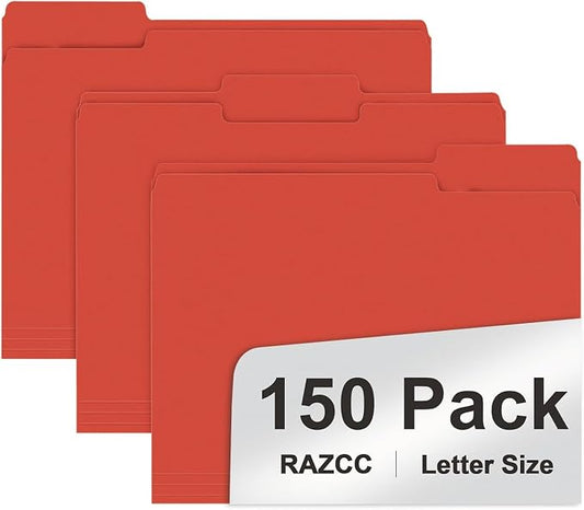 File Folder, RAZCC 150 Pack 1/3 Cut Tab File Folders Letter Size, Red, Folders, Folders with Tab, Great for Organizing and Easy File Storage