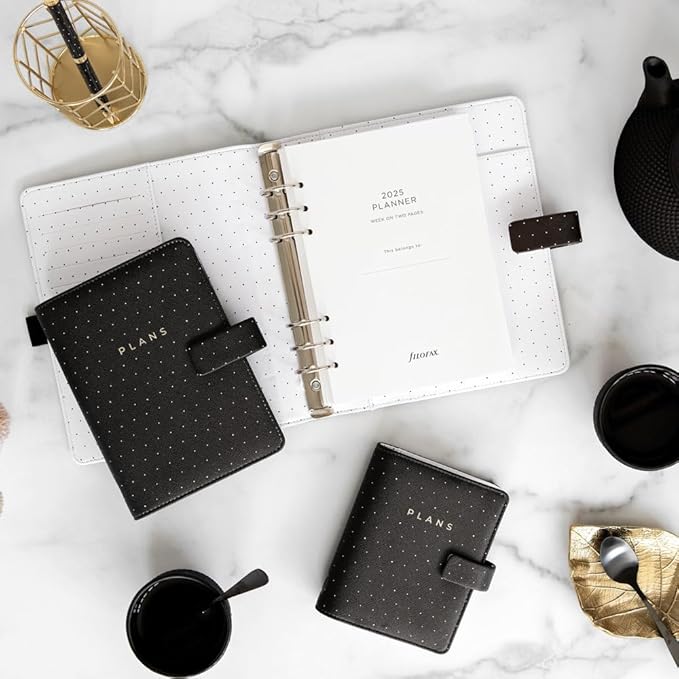 Filofax Moonlight Organizer, Personal Size, Black - Leather-Look, Gold Accents, Six Rings, Week-to-View Calendar Diary, Multilingual, 2025 (C022654-25)