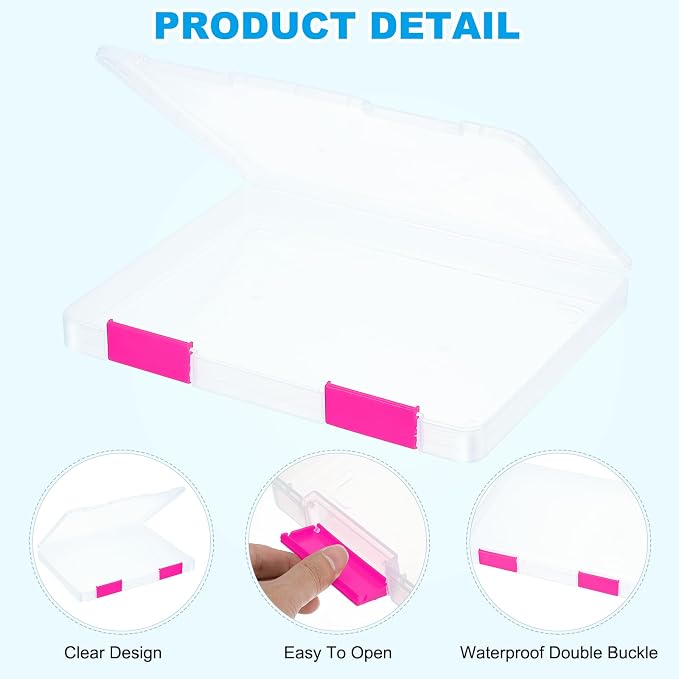 PATIKIL Clear A4 File Portable Project Case with Buckle Plastic Storage Box for 8.5" x 11" Letter Paper Scrapbook Paper Storage Boxes, 6Pcs, 12.4"x9.8"x1.2", Dark Pink
