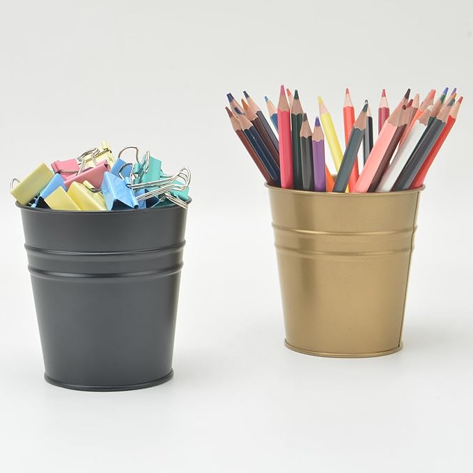 Pen Holder Cup For Desk Pencil Holder Metal Marker Pen Organizer Storage Small Tinplate Flower Pot Succulent Bucket Planters for Office Home - 2 Pack (White)