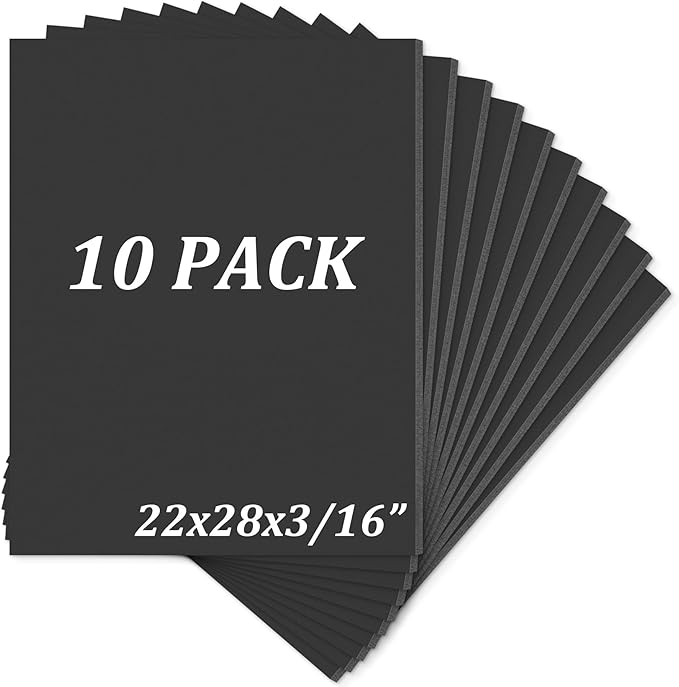 Mat Board Center, Pack of 10 Acid-Free Foam Boards, 22x28 inch Black Foam Boards, 3/16" Thick