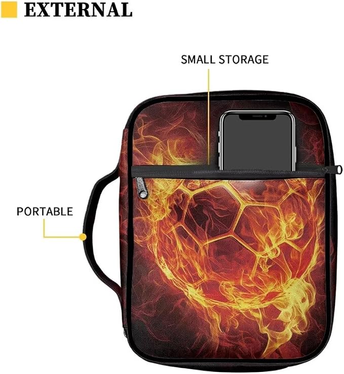 Coldinair Fire Soccer Bible Cover with Handles - Zippered Carrying Case for Boy Teen - Cool Tote Bag Book Cover Accessories - Christian Church Bag Purse