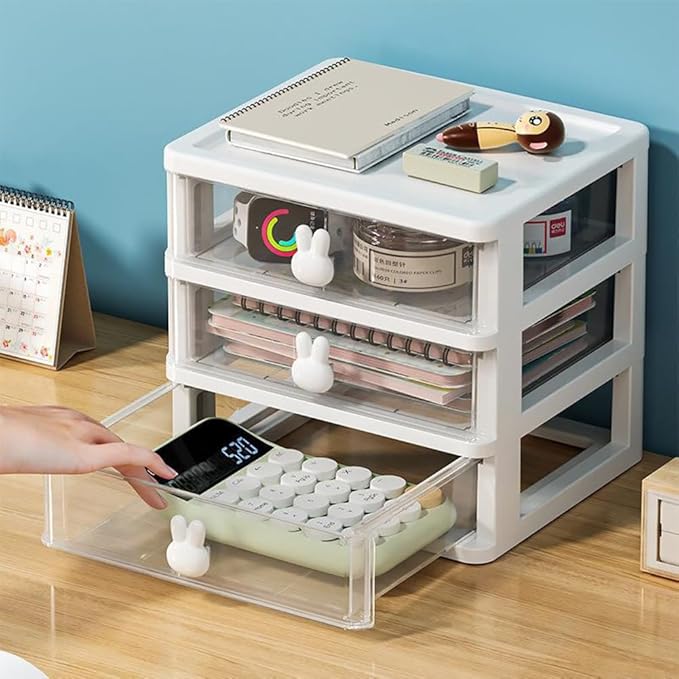 Bunny Drawer, Bunny Drawer Organizer with Bunny Handle Large Capacity Drawer Organizer for Books, Pens, Office Supplies, and Small Accessories (3 drawer, White)