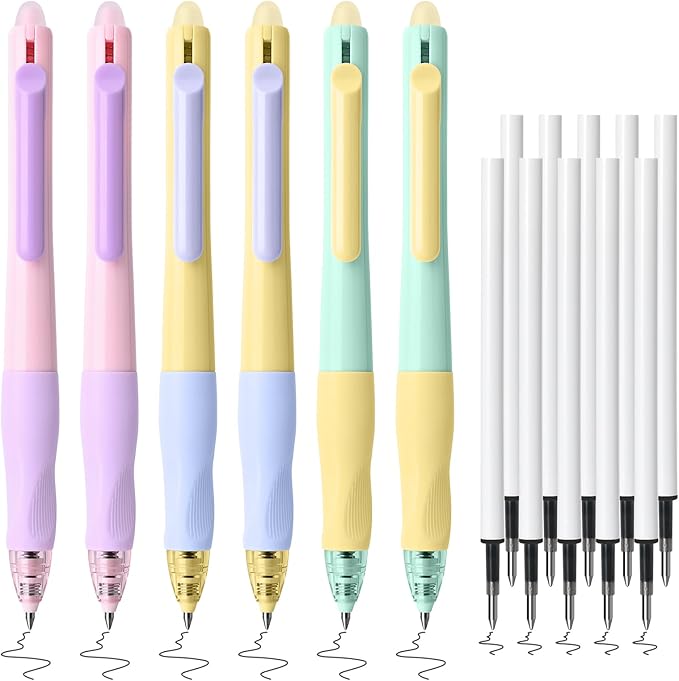 Temiary 6 Pcs Retractable Erasable Gel Pens & 10 Pcs Extra Refills, Fine Point 0.5 mm with Comfortable Grip, Make Mistakes Disappear, Black Ink Pen for Planners and Crossword Puzzle (Black Ink)