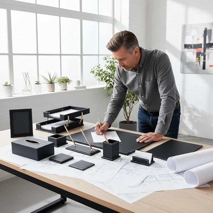 Leather Desk Set, 11-Piece All-in-One – Executive Desk Accessories & Office Supplies, Desk Organizer with Desk Pad & Blotter, 2-Tier Letter Tray, Luxury Office Desk Decor & Boss Gifts (Black)