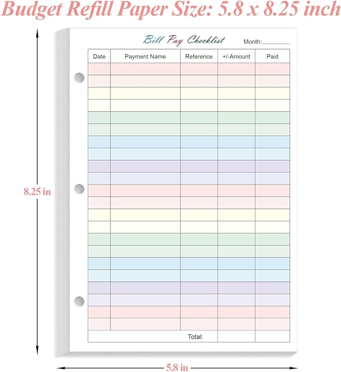 Half Letter Size Payment Checklist Refills for 3 Ring Mini Binder - 50 Sheets/100 Pages Colorful Monthly Budget Forms, 100 gsm White Paper, 5.8" x 8.3"