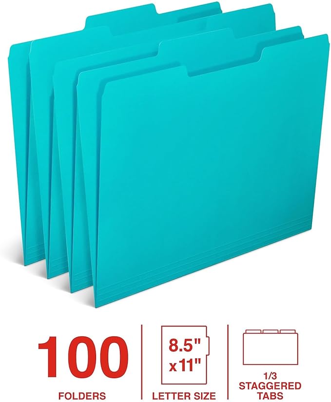 Staples Colored File Folders, Letter Size, 1/3‑Cut Tabs, Teal, Durable Paper Stock, 100/Box