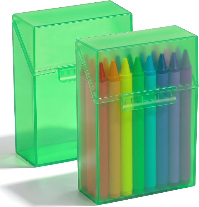 Clabby 2 Pcs Plastic Crayon Organizer Case for 24 Count Crayons Kids Art Supply Storage Box with Lid, Portable Holder for Classroom Home Travel, Fits Standard 24-Pack Crayon (Green)