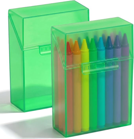 Clabby 2 Pcs Plastic Crayon Organizer Case for 24 Count Crayons Kids Art Supply Storage Box with Lid, Portable Holder for Classroom Home Travel, Fits Standard 24-Pack Crayon (Green)